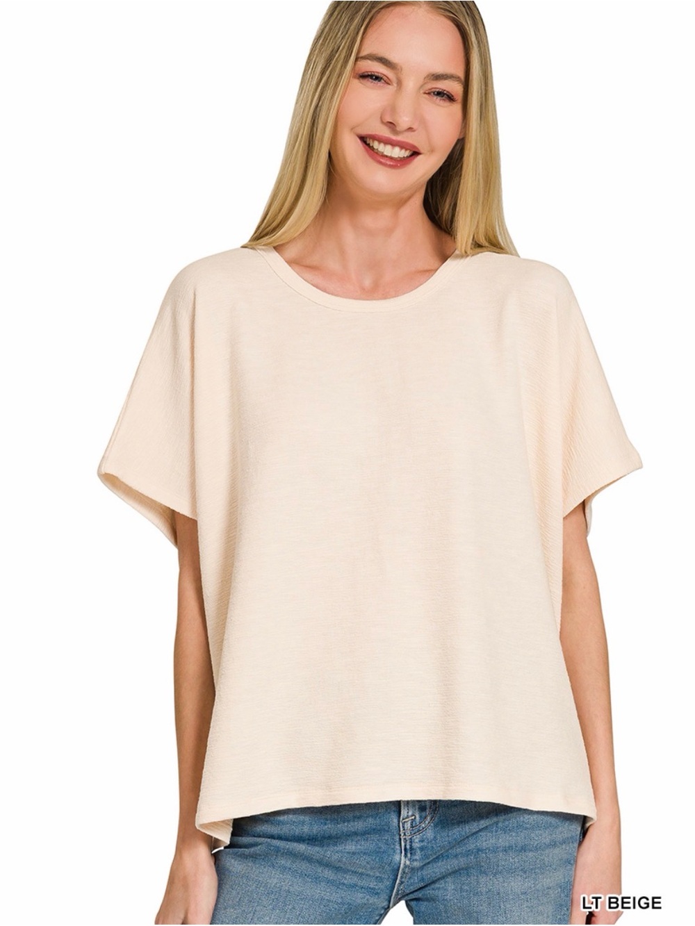 Zenana Light Beige Relaxed Boxy Tee - Cotton Slub Women's Short Sleeve Top